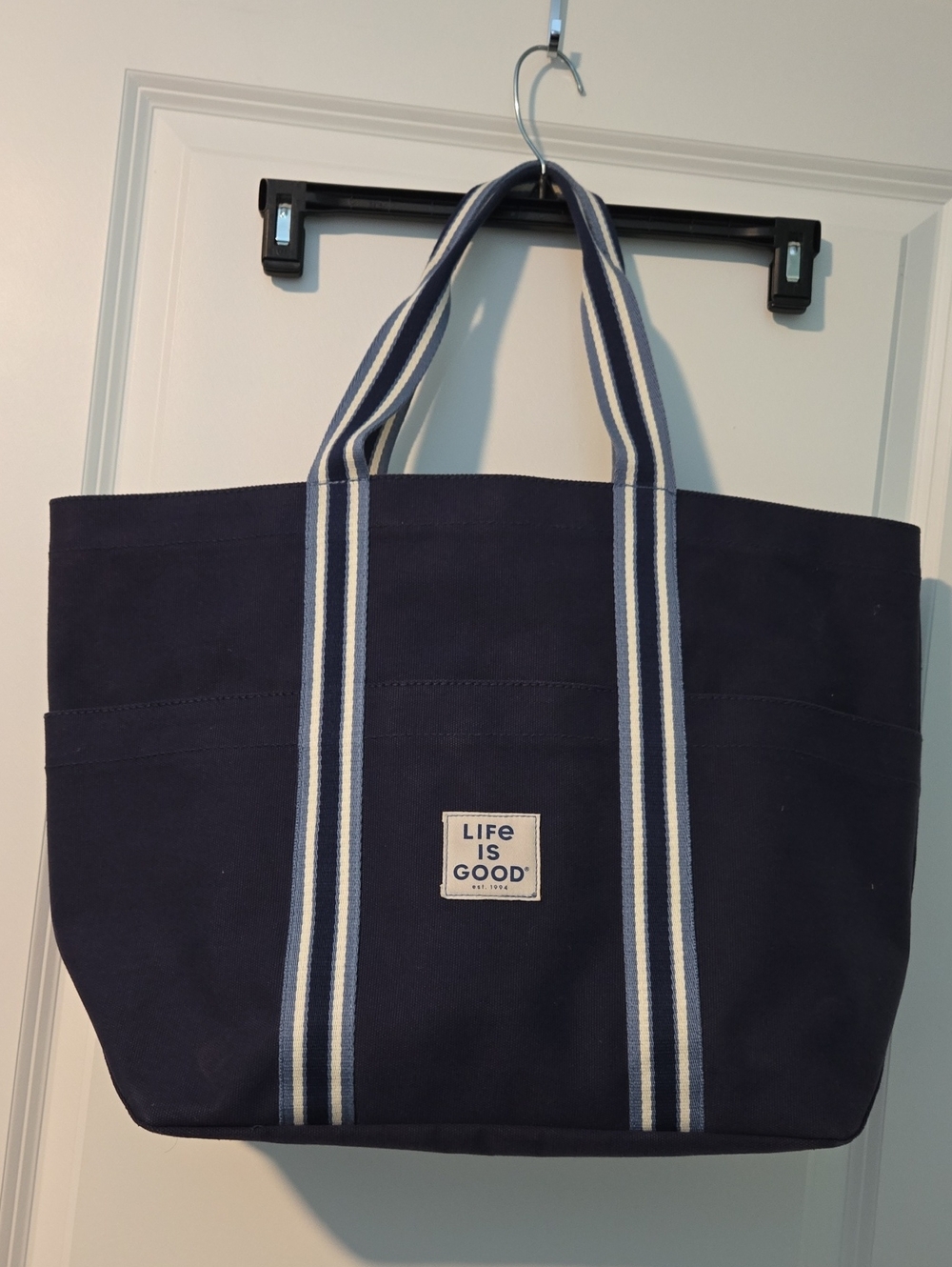 Life Is Good Navy Canvas Duffel Tote with Blue and White Striped Handles